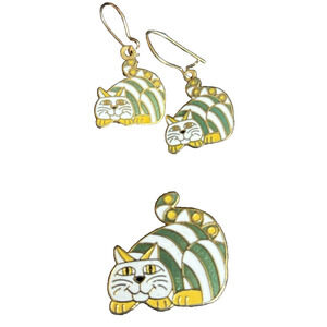 Vintage Cheshire Cat Brooch & Earrings Set Green & Yellow Enamel Gold Tone Aviva